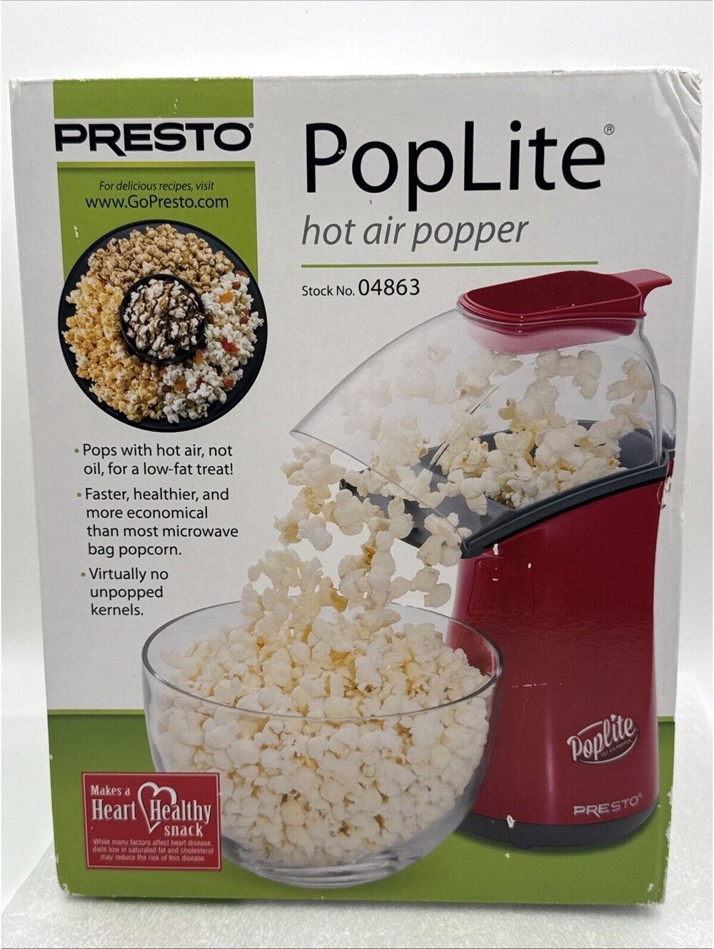 Presto 04863 Poplite Hot Air Popcorn Popper Built-In Measuring 18 Cups, Red NEW